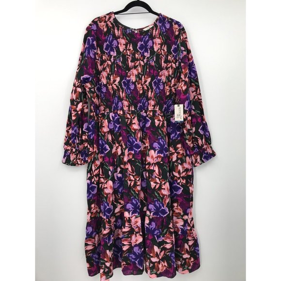 Terra & Sky Tiered Peasant Boho Smocked Midi Dress Purple Floral 3X NEW - Picture 2 of 6